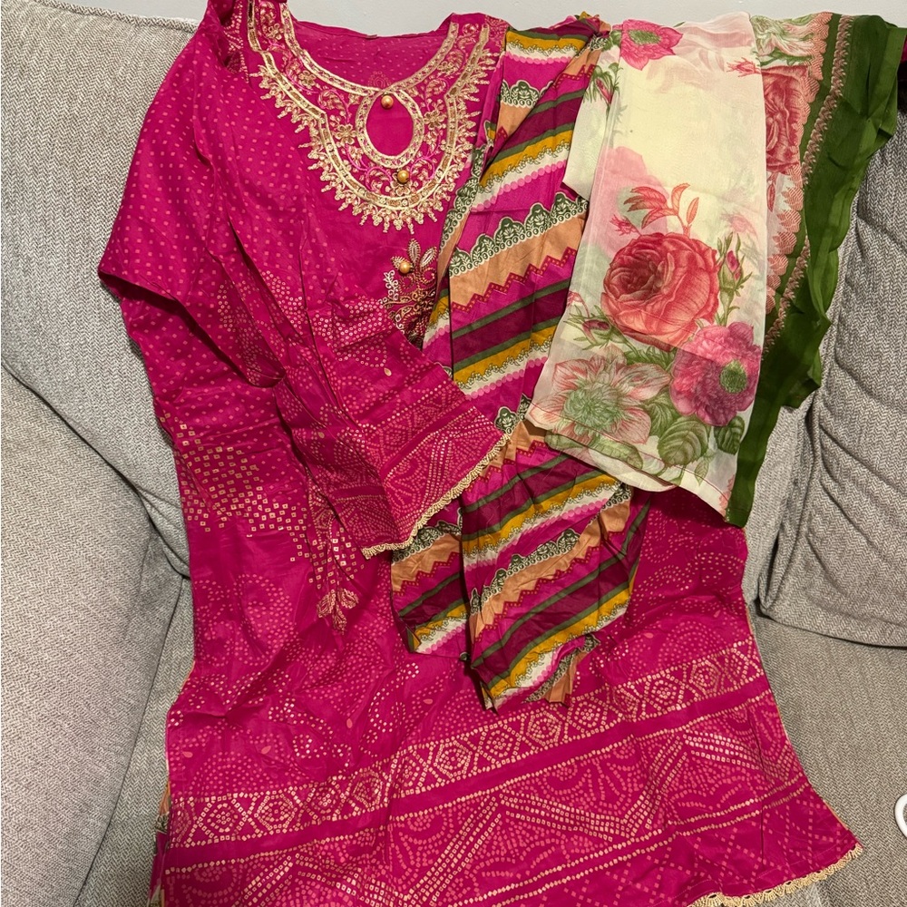 Vibrant Pink and Multicolor Embroidered Dress Set
